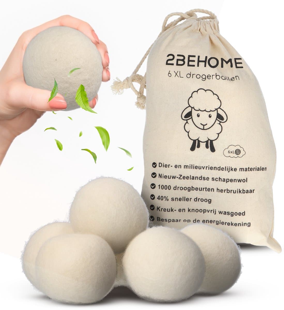 2BEHOME XL Drogerballen Voor Wasdrogers - 6 Stuks - Gemaakt van 100% Nieuw-Zeelandse Schapen Wol - Wasdrogerballen - Droogballen - Droger Ballen - Dryer Balls - Wit — afbeelding 1