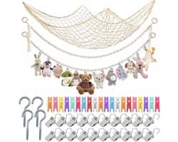 Dailygoods- Opbergnet Bohemian Macramé - Hangende Opberger - Opberg Etui - Knuffels - Decoratie - 40 Clips - 2 m Pluche Dier - Opbergnetten