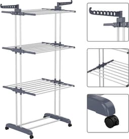 4-Laags Wasdroogrek Met Wielen - 2 Zijhaken Met Vergrendelbare Remmen - Stevig Metalen Frame - Snelle Montage in 10 Minuten Plat Op Te Vouwen - Voor Binnen- En Buitengebruik — thumbnail 2