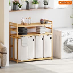 198 liter wasverzamelaar, 4 vakken, wasmand met dubbele plank | bamboe wasbox met uitneembare waszakken, ruimtebesparend voor badkamer, slaapkamer, waskeuken, grijs — thumbnail 3