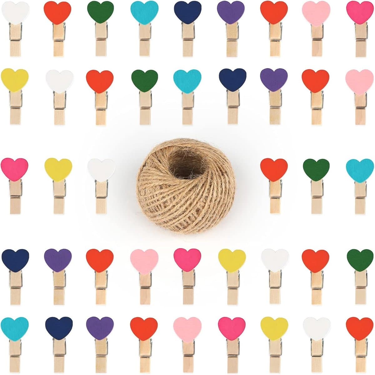 100 stuks mini houten hartknijpers - 3,5 cm en 30 m jute koord voor kunst en ambachten, bruiloften en evenementen — afbeelding 1