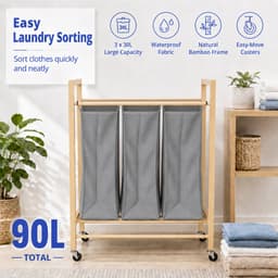 HAUSS SPOLE Wasmand - 3 Vakken En Wielen - 83 x 62 x 40 cm - Bamboe En Stof - Houtkleur En Antraciet - Was Sorteren In Huis — thumbnail 2