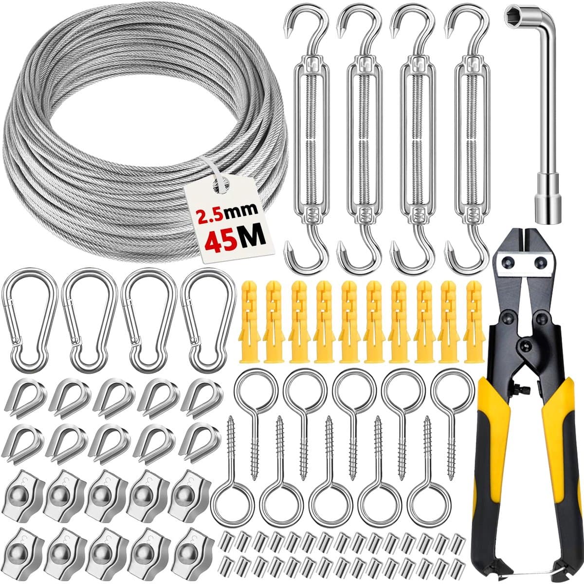 SnelShoppen - 45 m Draadkabel Roestvrij Staal 2,5 mm - PVC Staalkabel, Spandraad met Oogjes, Spanslot voor Waslijn, String Light Suspension, Tuin, Fee — afbeelding 1
