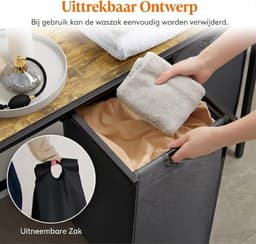 VALI® Wasmand -Plank en Dubbele Uittrek - Uitneembare Zakken - Zwart - 92cm x 36cm x 8cm — thumbnail 4