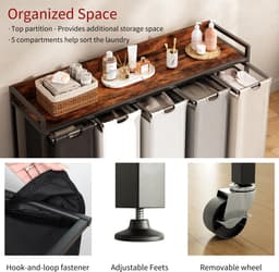 SnelShoppen - Herture Wasmand met Plank, 5 Secties, Wassorteerder met 5 Uittrekbare Zakken, 5 x 60 Liter, Rustiek Bruin, Metalen Frame, Beweegbare Wie — thumbnail 4