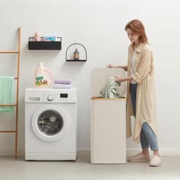 Wasmand van 100 liter met deksel, wasmand met bamboe handgrepen en een afneembare waszak, grote opvouwbare wasmand voor slaapkamer, badkamer, slaapzaal, wasruimte, wit — thumbnail 4