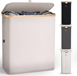 Grote Wasmand met Deksel - Beige - 140L Inhoud - Dubbele Compartimenten - Voor Badkamer en Slaapkamer — thumbnail 1