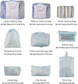 SnelShoppen - Opbergzakken Set 9 Stuks - Reisorganizers, Kledingopbergzakken, Schoenentas, Waszak, Draagbare Nylon Polyester, Blauw Beige Grijs Donker — thumbnail 3
