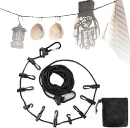 SnelShoppen - 5 Meter Reis Waslijn met 10 Haken, Multifunctionele Kledinglijn voor Kamperen, Badkamer, Tuin en Reizen - Zwart — thumbnail 1