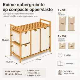 Wasmand en Wassorteerder met 4 Vakken - 150 L - Bamboe Rek met Uittrekbare Waszakken en Legplank - Beige — thumbnail 2