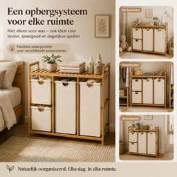 Wasmand en Wassorteerder met 4 Vakken - 150 L - Bamboe Rek met Uittrekbare Waszakken en Legplank - Beige — thumbnail 5