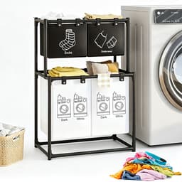 Wasmand 4 Vakken - Wassorteerder - Dubbellaags Wasmanden - met 4 Afneembare Oxford Zakken - Sorteert Donker/Licht/Ondergoed - Stevig Metalen Frame - 57x44x97 cm - Opvouwbaar - Voor Badkamer & Wasruimte - Zwart & Wit — thumbnail 1