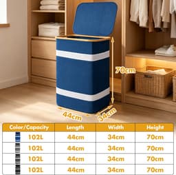 Soontrans - Wasmand - Wassorteerder met Deksel - 44x34x70cm - Uitneembare Waszakken - Bamboe-lijst - Afneembaar - 102L - Blauw — thumbnail 2