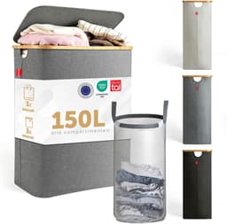 Blumtal Wasmand 150L - Wasmand met 3 uitneembare waszakkken - Wasmand met 3 vakken - Smalle wasmand - Flesverzamelaar - Wasmand met deksel - Grijs — thumbnail 1