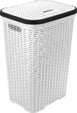 Hega Hogar Wasmand met deksel Rotan - wit - gevlochten kunststof - 60 liter - 34 x 43 x 62 cm — thumbnail 1