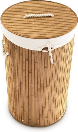 wasmand bamboe - 70 l - opvouwbaar - met deksel en katoenen waszak - Ø 41 cm - natuur — thumbnail 3
