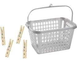 Wasknijper mandje/bakje - zilver - inclusief 40x wasknijpers - hout - was ophangen — afbeelding 1