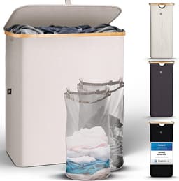 HENNEZ Wasmand met deksel van 140L opvouwbaar met scheiding en een bamboe frame - inclusief waszak - beige — thumbnail 1