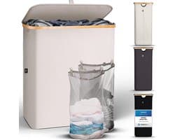 HENNEZ Wasmand met deksel van 140L opvouwbaar met scheiding en een bamboe frame - inclusief waszak - beige