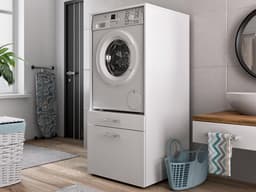 MOBISTOXX Wasmachine Kast - Wasmachine Verhoger - Wasmachine Ombouw - 67 cm x 65 cm x 144 cm (B x D x H) - Met Lade Voor Wasmand - Voor Wasmachine en Droogkast - Wit — thumbnail 4