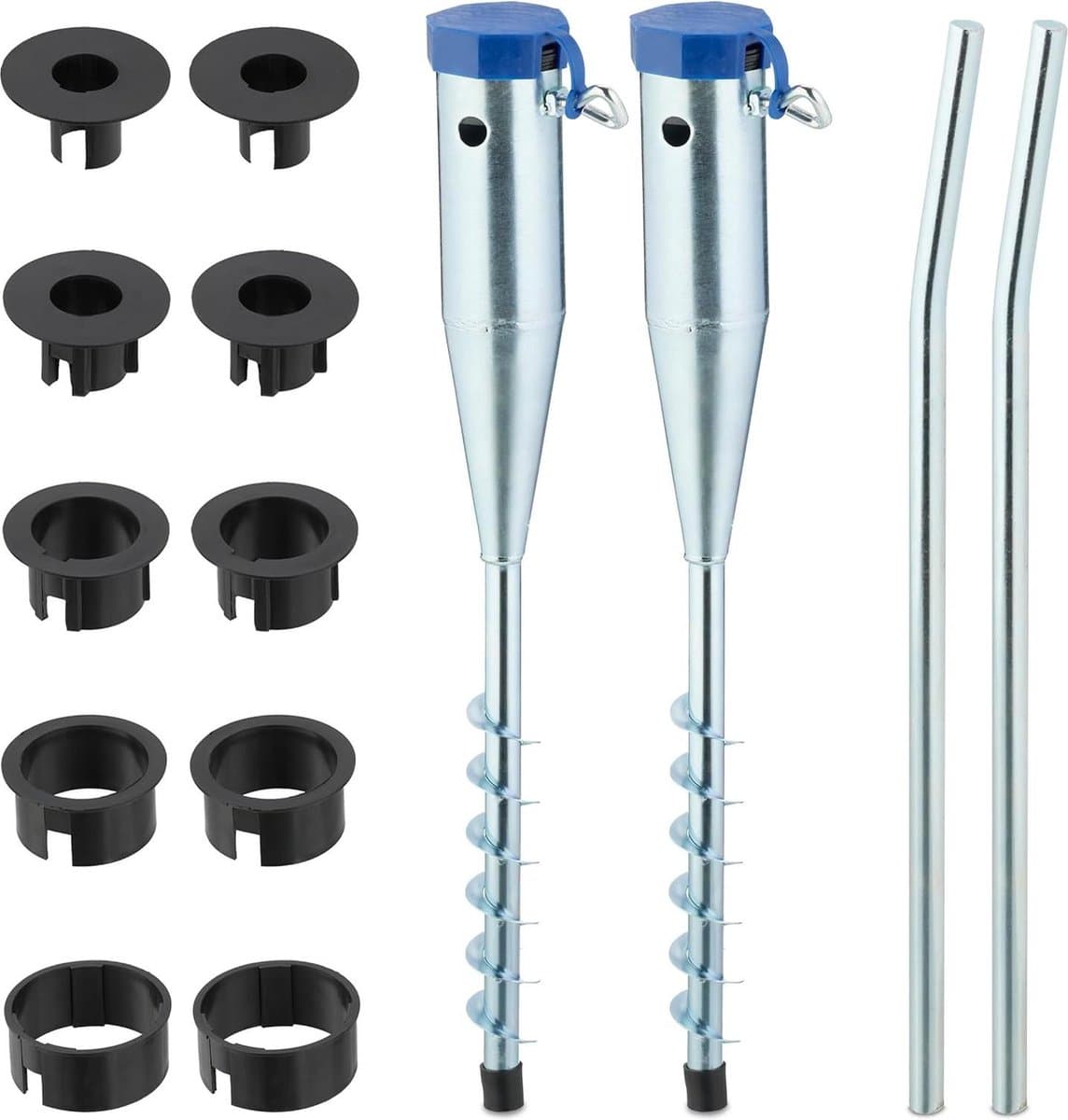 Set van 2 grondankers voor parasols en droogmolens - adapters 25-55 mm - parasolboor - zilver/blauw — afbeelding 1