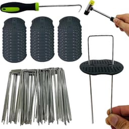 Stalen haringen set voor bevestiging onkruidvlies en kunstgras - 50 grondankers + 50 bufferschijven 150 x 40 mm Ø 25 mm — thumbnail 1