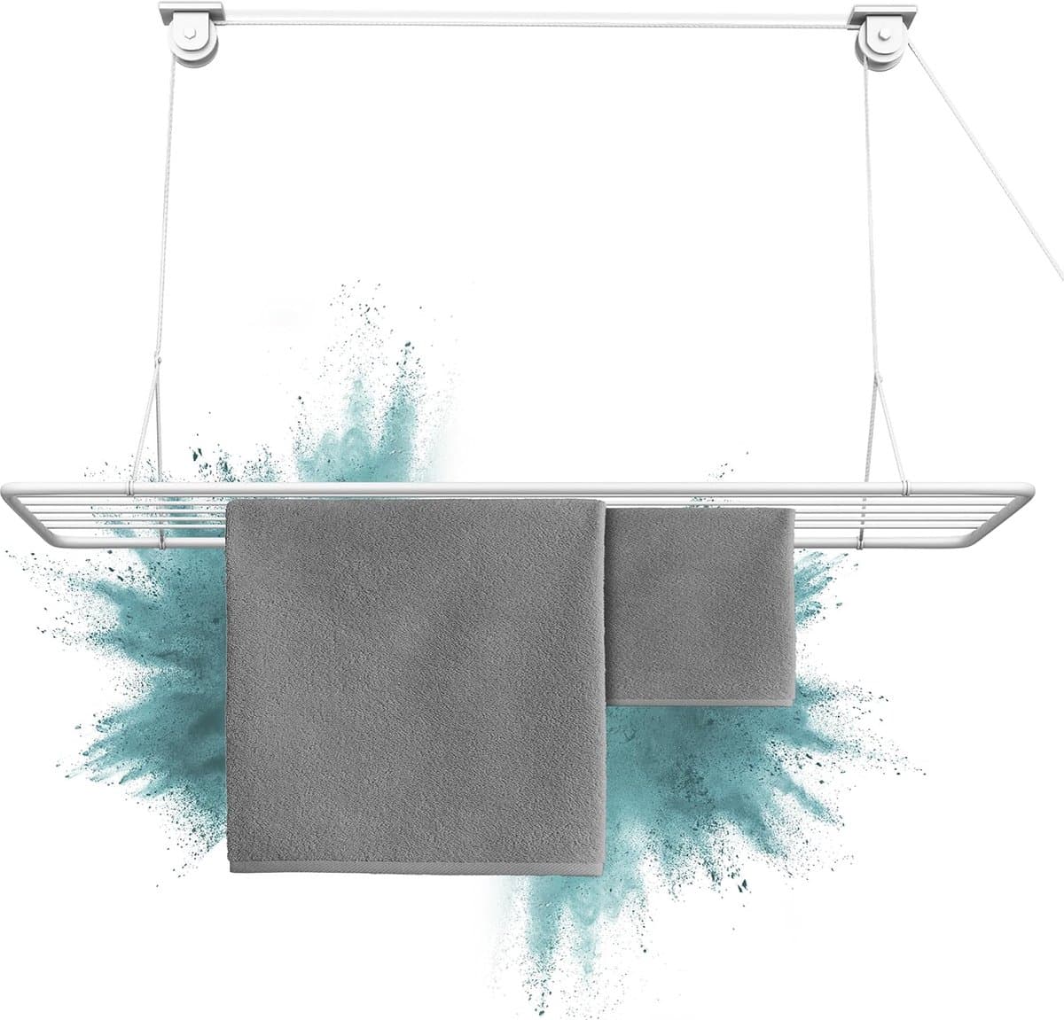 Goodivery ® Droogrek plafond 140x50cm, droogrek ruimtebesparend met 11,2 meter droogoppervlak, droogrek badkuip, verticaal opvouwbaar 2,5 meter, plafond wasdroger van metaal, wit — afbeelding 1