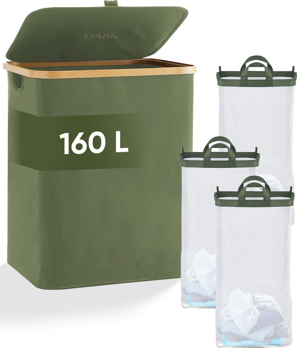 DARI. - Wasmand 3 vakken - Wassorteerder - 160L - met 3 uitneembare zakken - wasmand - groen - knopen — afbeelding 1