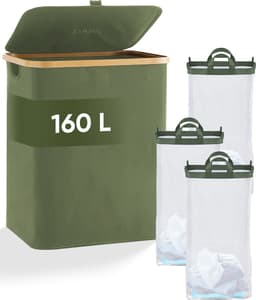 DARI. - Wasmand 3 vakken - Wassorteerder - 160L - met 3 uitneembare zakken - wasmand - groen - knopen — thumbnail 1