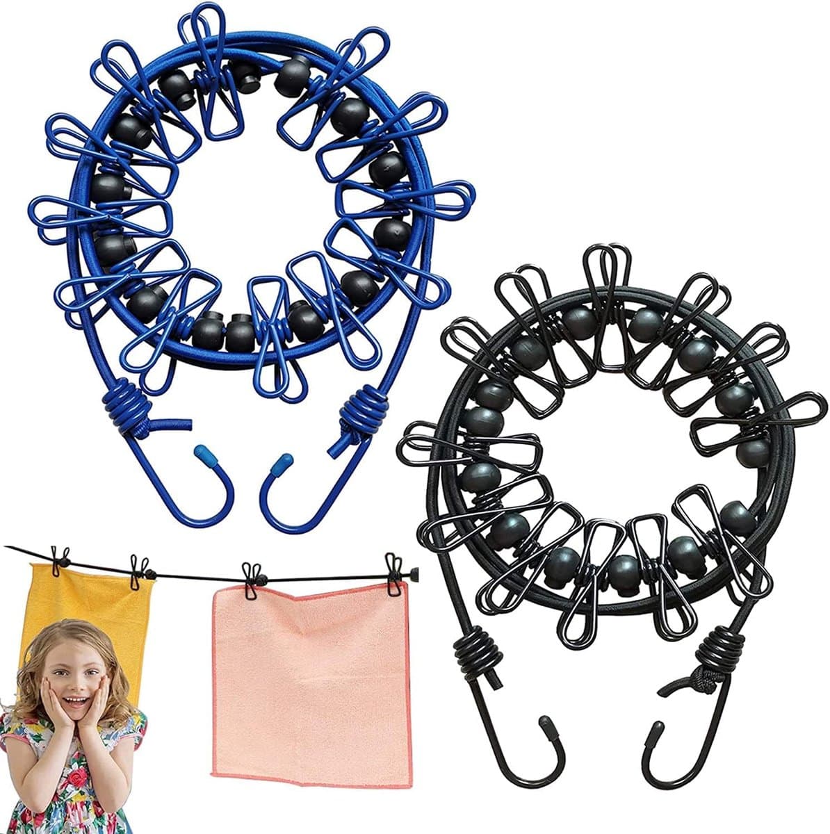 2-pack draagbare waslijn, elastische reiswaslijn verstelbare intrekbare winddichte touw kledinglijn met 12 draadclips voor camping reiskleding wasdrogen buiten (zwart+blauw) — afbeelding 1