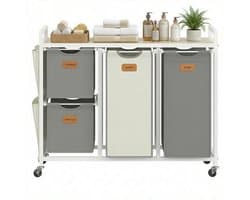 VASAGLE - Wasmand - Wassorteerder - 4 Vakken en Planken - 150L Mobiele - Uitneembare Tassen