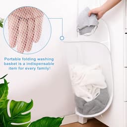 Hangende wasmand, grote pop-up wasmand met witte mesh wasmand, opvouwbare wasmand met handgrepen voor slaapkamer, badkamer (59 x 37 cm) — thumbnail 3