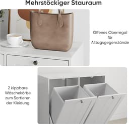 Kantelbare wasmand - Opberger met manden - Kleding sorteren - Uitneembare stoffen manden - 66x33x68cm - Wit — thumbnail 4