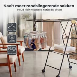 Eluxara Wasrek Deluxe – Inc. Kleine Droogmolen – Droogrek Met Wielen- 25 Meter Drooglengte - Groot Inklapbaar - 3-Laags – Kleding Wasdroogrek – Stevig RVS Frame – Modern Design – 160×47×95 cm - Zwart — thumbnail 2