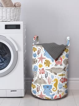 ABAKUHAUS onderwaterwaszak, doodle zeedierenmotief, wasmand met handgrepen, trekkoordje voor wasserettes, witte meerkleurige wasmand — thumbnail 3