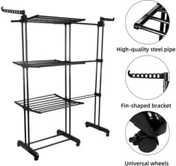 ELYSIVM Wasrek - Droogrek - Droogrek Uitschuifbaar - Wasrek op Wielen - Droogrek Groot - 3 niveaus - Uitschuifbaar 75–142,5 cm - 6 Wielen en 4 Remmen - 170 cm hoog - Staal / Kunststof - Zwart — thumbnail 2