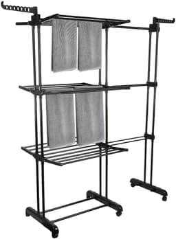 ELYSIVM Wasrek - Droogrek - Droogrek Uitschuifbaar - Wasrek op Wielen - Droogrek Groot - 3 niveaus - Uitschuifbaar 75–142,5 cm - 6 Wielen en 4 Remmen - 170 cm hoog - Staal / Kunststof - Zwart — thumbnail 3