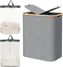 Wasmand met Deksel, 2 Compartimenten en Verwijderbare Waszakken, Vouwbare en Waterdichte Wasbox voor Badkamer, Slaapkamer en Wasruimte, Ruime Inhoud en Duurzaam Ontwerp — thumbnail 1