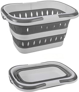 Opvouwbare plastic wasmand – Drievoudig opvouwbaar – Inklapbaar – Pop-up opbergmand – Met ventilatiegaten – Ruimtebesparend – Geschikt voor slaapkamer, woonkamer en algemeen gebruik – 28,3 x 20 x 15 cm – Grijs — thumbnail 1