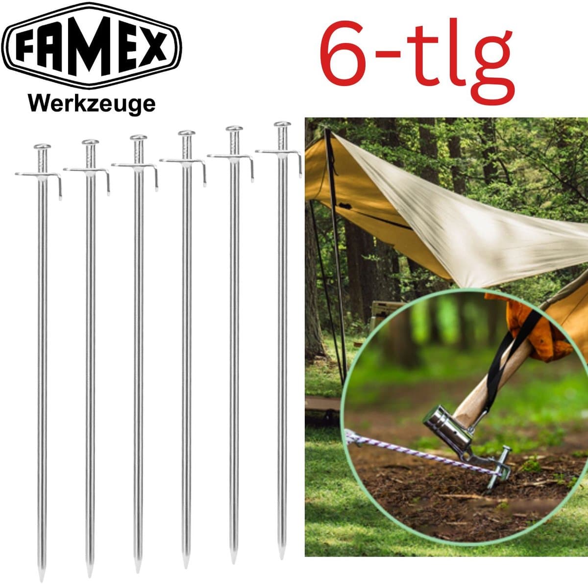 FAMEX Tentharingen Grondankers van Staal 6 Stuks, Robuuste Bodemankers voor Tenten, Partytenten, Zonnedoeken, Camping & Outdoor — afbeelding 1