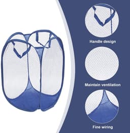 Dailygoods- Wasmand 2 Stuks - Opvouwbaar - Mesh - Stalen Beugel - 30 x 30 x 47 cm - Ademend Materiaal - Voor Kleding en Speelgoed - Wasmandje — thumbnail 4