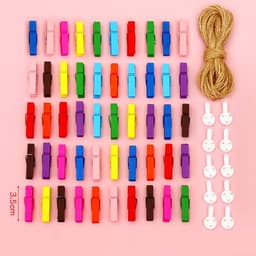 Houten wasknijpers - Mini knijpers - Foto's ophangen - Met jute koord - 50 stuks - Kleurrijk — thumbnail 1