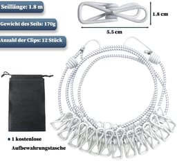 Dailygoods- Waslijn Uittrekbaar 1,8m - Draagbare Campingwaslijn - 12 Wasknijpers - Multifunctionele Waslijn - Inclusief Opbergzak - Eenvoudige Installatie - Reiswaslijn — thumbnail 5