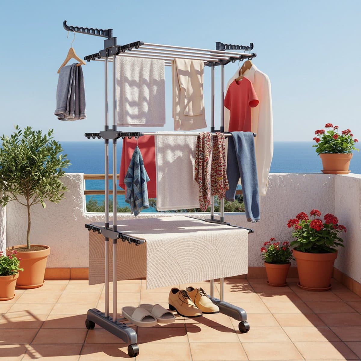 4-laagse Droogkledingrek, 6 opvouwbare vleugels en 2 draaibare armen, stevig frame, geschikt voor binnen/buiten gebruik, draagbare kledinghanger, voor appartementen, slaapkamers, balkons, grijs. — afbeelding 1