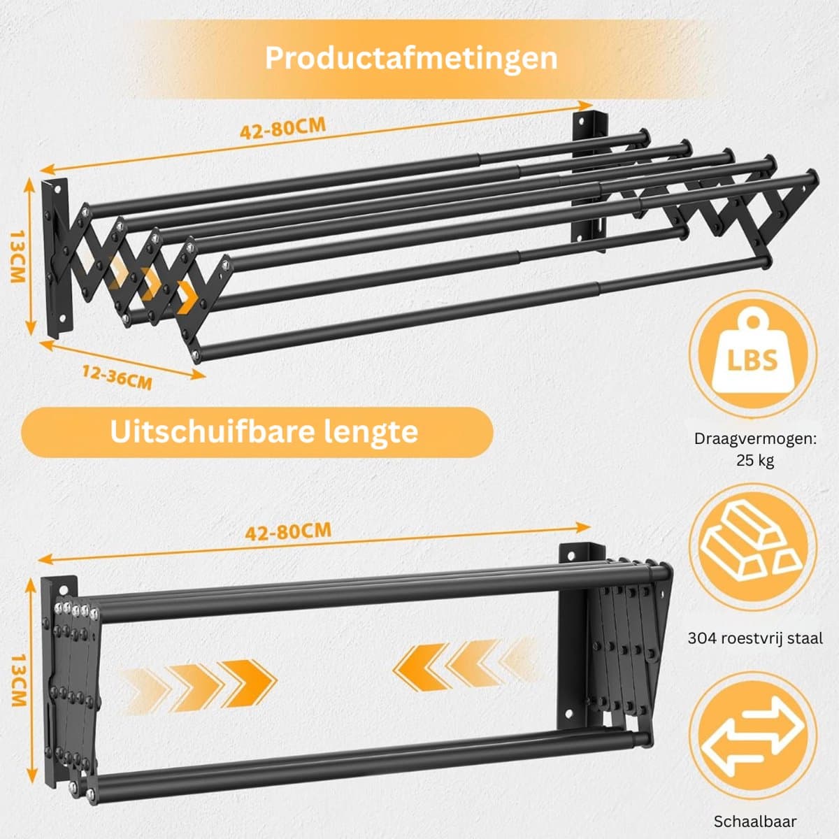 TopChoice® Wanddroogrek - Wasrek Inklapbaar - Uittrekbaar - 12 - 36 CM - Zwart — afbeelding 1