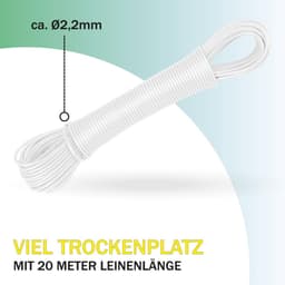 Waslijn 20 meter (1 stuk verpakking/wit) - lijn uittrekbaar 2,2 mm, extra sterk door nylon kern - reservelijn voor droogmolen, wasdroger tuin — thumbnail 4