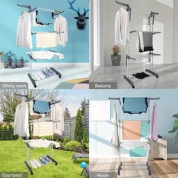 4-laags Opvouwbaar Wasdroogrek met Wielen – Ruimtebesparende Wasdroogtoren met 6 Vleugels & 2 Draaibare Armen – Stevig Metalen Kledingrek voor Binnen & Buiten — thumbnail 3