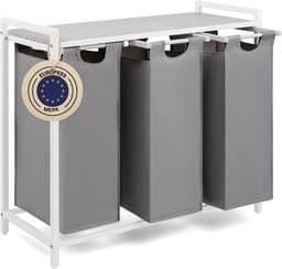 REN® Wasmand 3 Vakken - Wasmand - Wassorteerder - Wasmand Met Deksel - Grijs/Wit - 36cm x 86cm x 73cm — thumbnail 1
