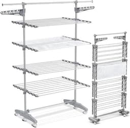 QIN® Droogtoren 4 Verdiepingen - Droogtoren - Droogrek - met Wielen en Net - 66x165x177cm - Grijs - 56cm x 175cm x 165cm — thumbnail 1