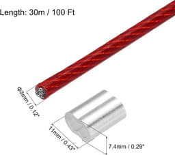 Ronte - Metalen kabel van roestvrij staal 304 - 30 meter - 1/8 inch (3 mm) - Vinyl gecoat - Aluminium hulzen - Wasrek - Optillen - Rood — thumbnail 3